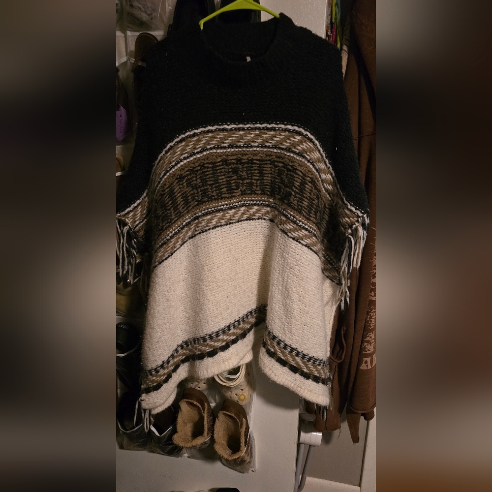 Free People Black and Cream Poncho with Fringe